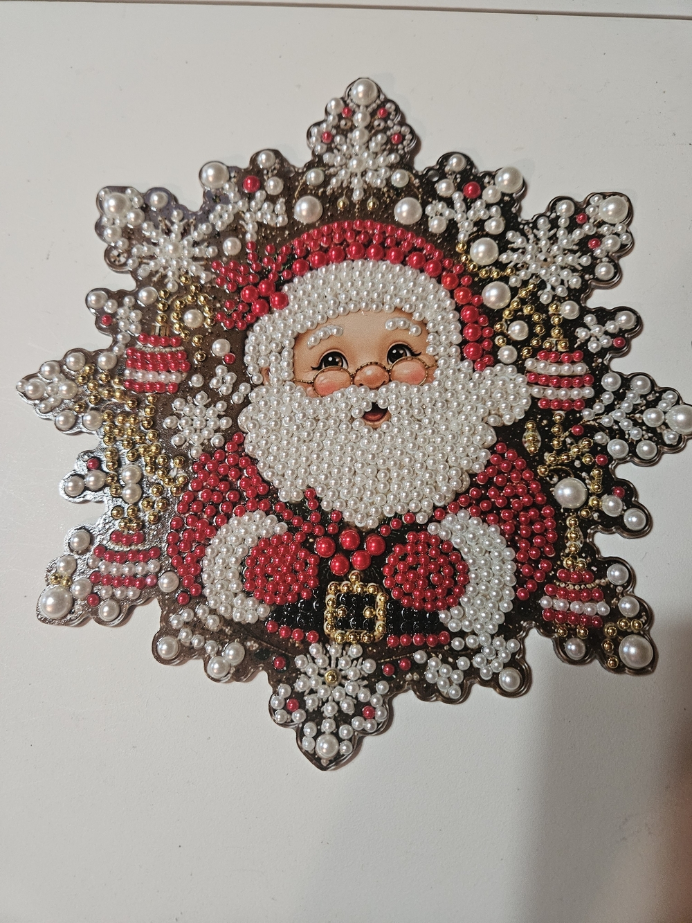Festive Handmade Finished Red Santa Pearl Diamond Art Suncatcher